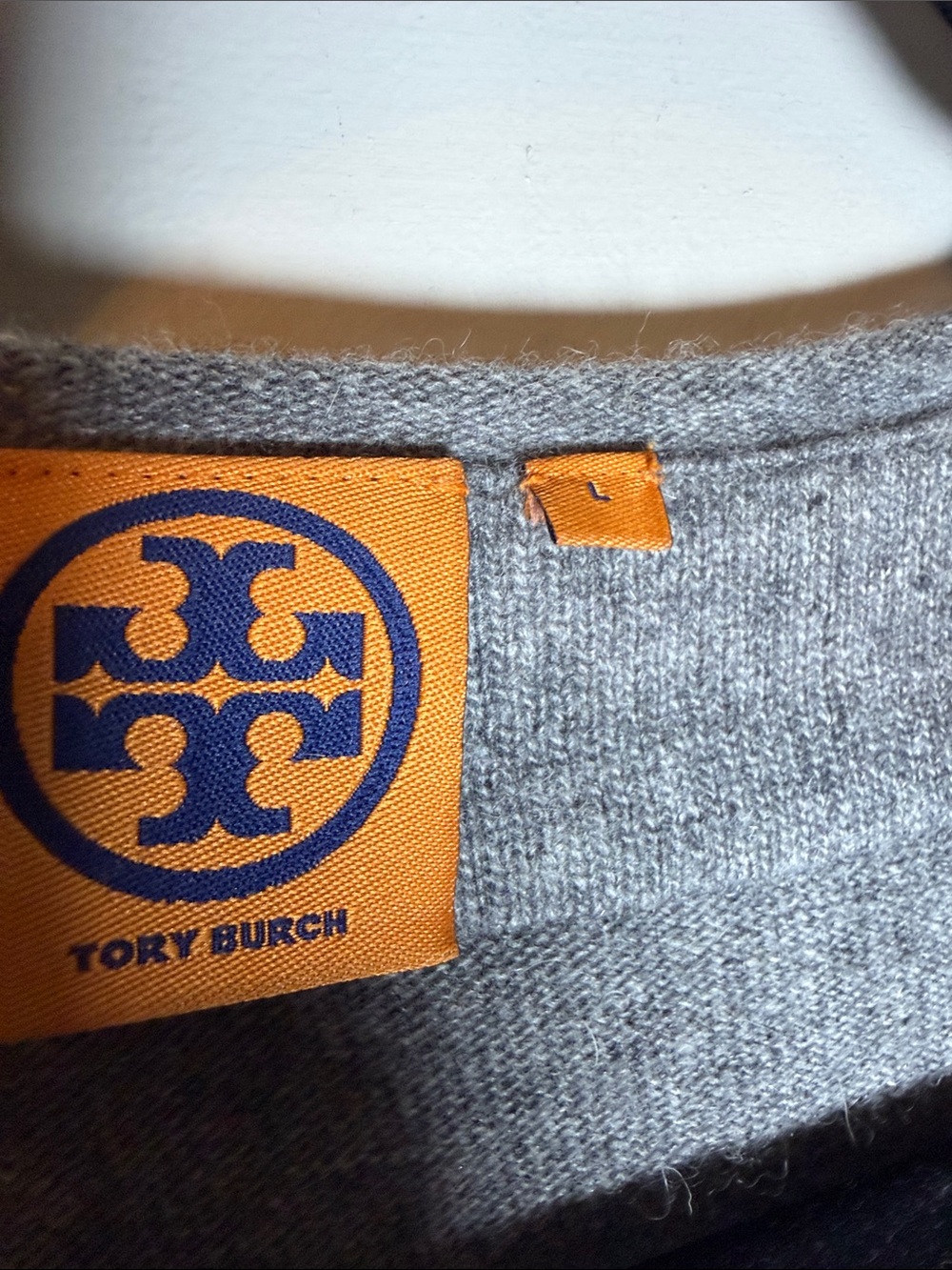 Tory Burch Gray V‑Neck Sweater with Silver Beaded Trim - Picture 7 of 8